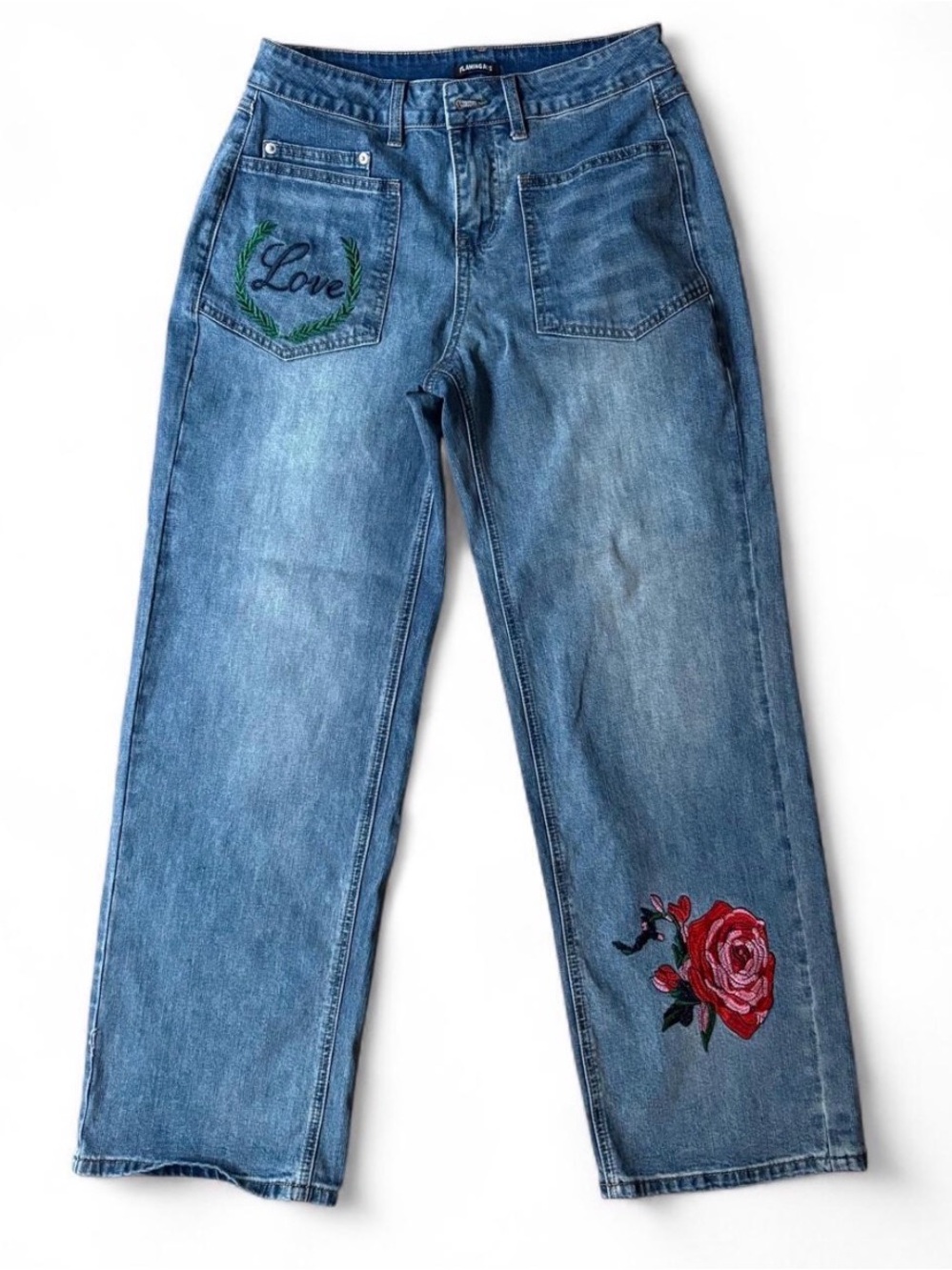 Flamingals Rose & Love Embroidered Utility Pocket Jeans Medium
